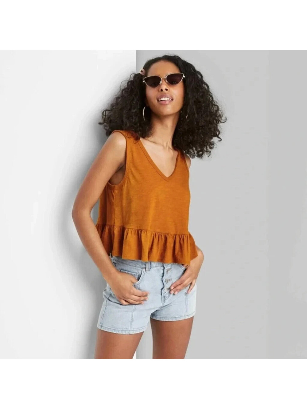Wild Fable S Small V-Neck Peplum Cropped Cotton Tank Top Mustard Casual Comfy